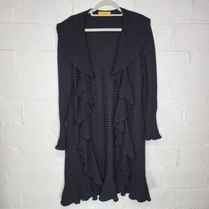 St John Women's XL Cardigan Sweater Open Front Long Ruffles Black